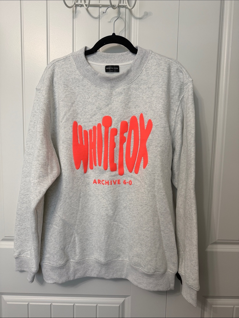 White Fox Boutique Light Gray Crewneck with Neon Coral Logo EUC